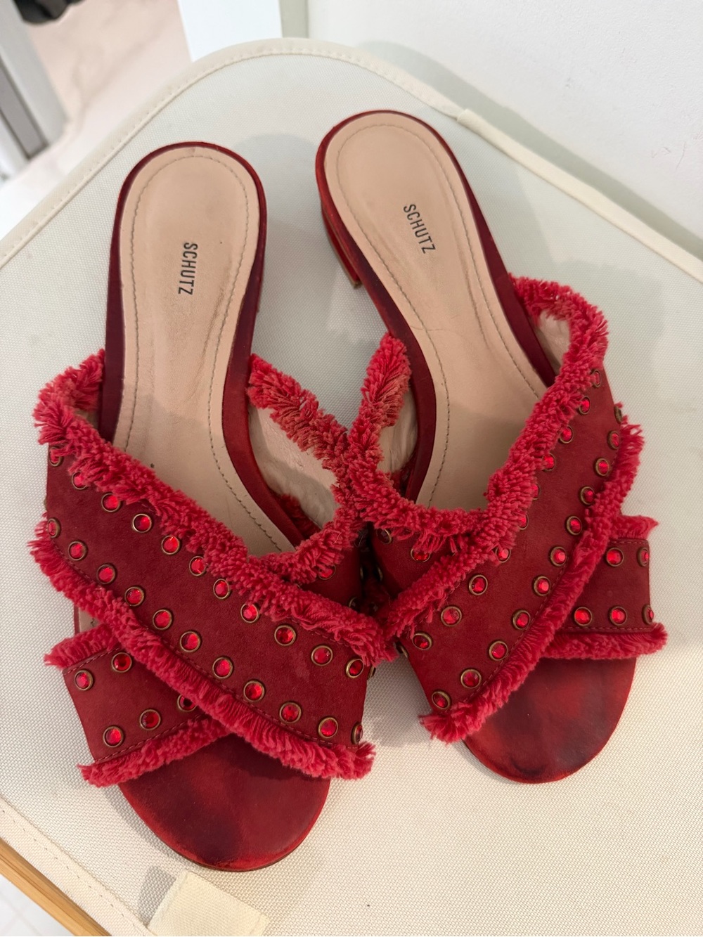 SCHUTZ Red Fringe Crossband Slide Sandals